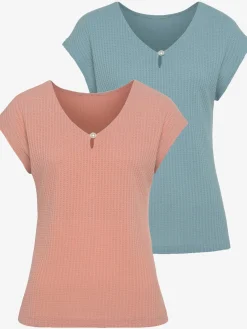 T-shirt à manches courtes encolure en v avec petite fente et perle décorative