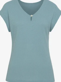 T-shirt à manches courtes encolure en v avec petite fente et perle décorative