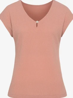 T-shirt à manches courtes encolure en v avec petite fente et perle décorative