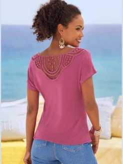 T-shirt à manches courtes empiècement en crochet doux au dos