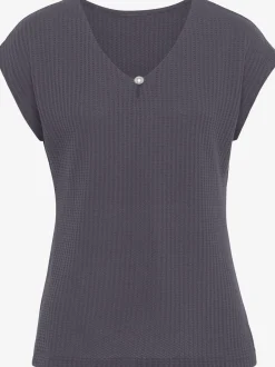 T-shirt à manches courtes encolure en v avec petite fente et perle décorative