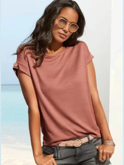 T-shirt à manches courtes gros bouton imitation bois à la finition des manches