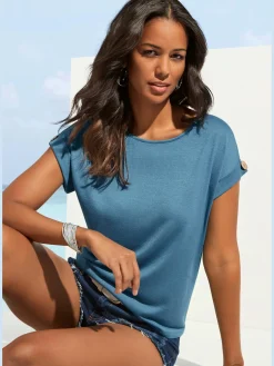 T-shirt à manches courtes gros bouton imitation bois à la finition des manches