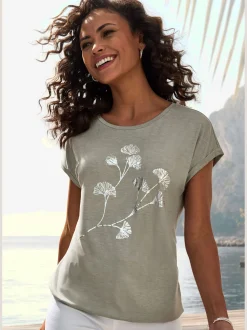 T-shirt à manches courtes imprimé feuille de qualité avec design floral