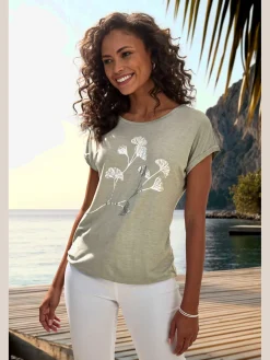 T-shirt à manches courtes imprimé feuille de qualité avec design floral