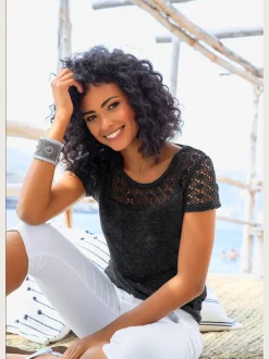 T-shirt à manches courtes jolie dentelle crochetée à l'encolure et aux manches