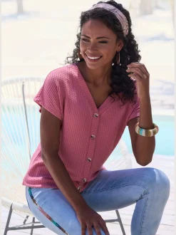 T-shirt à manches courtes patte de boutonnage fantaisie tendance et boutons imitation corne