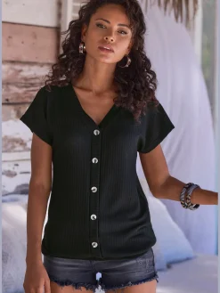 T-shirt à manches courtes patte de boutonnage fantaisie tendance et boutons imitation corne