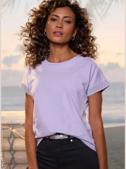 T-shirt à manches courtes strass scintillants à l'ourlet des manches pour un look élégant