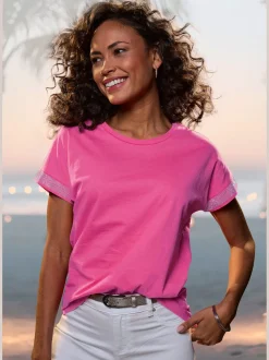 T-shirt à manches courtes strass scintillants à l'ourlet des manches pour un look élégant