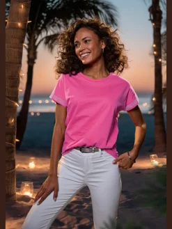 T-shirt à manches courtes strass scintillants à l'ourlet des manches pour un look élégant