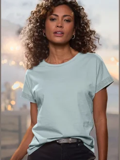 T-shirt à manches courtes strass scintillants à l'ourlet des manches pour un look élégant