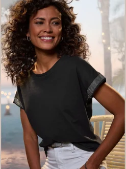T-shirt à manches courtes strass scintillants à l'ourlet des manches pour un look élégant