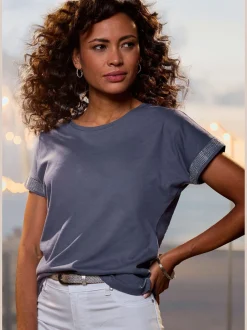 T-shirt à manches courtes strass scintillants à l'ourlet des manches pour un look élégant