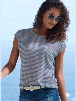 T-shirt à manches courtes tricot jacquard léger à rayures