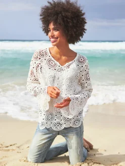 T-shirt à manches longues dentelle macramé décorative