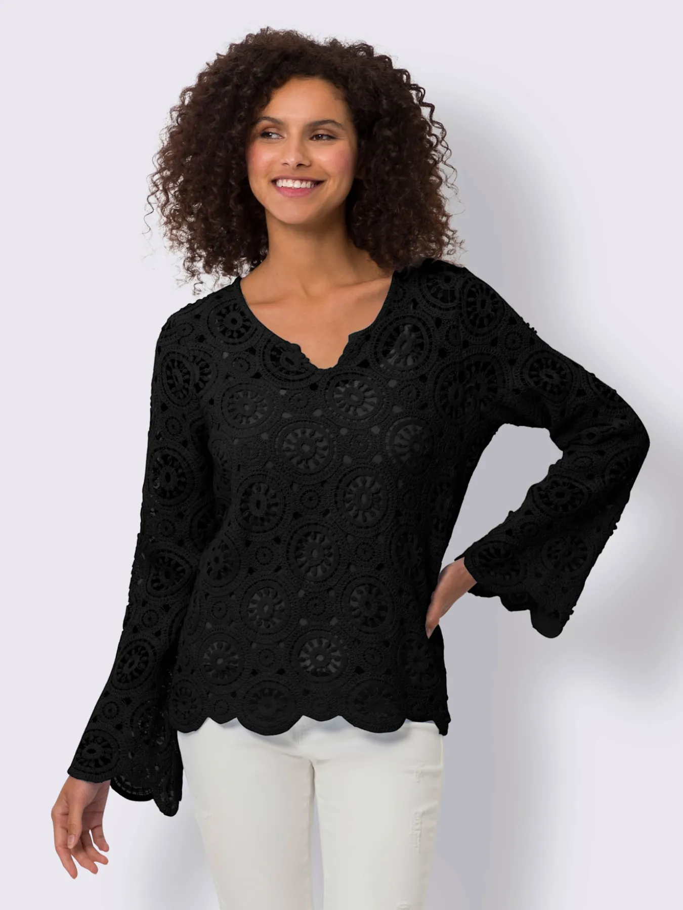 T-shirt à manches longues dentelle macramé décorative