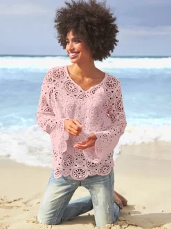 T-shirt à manches longues dentelle macramé décorative