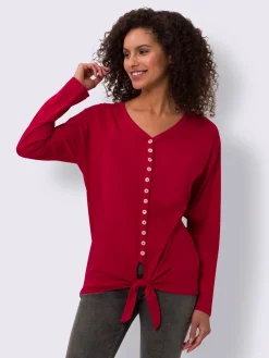 T-shirt à manches longues encolure en v avec patte de boutonnage décorative