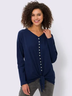 T-shirt à manches longues encolure en v avec patte de boutonnage décorative