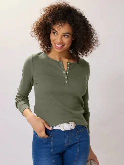 T-shirt à manches longues encolure avec patte de boutonnage