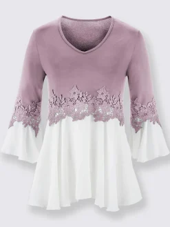 T-shirt bicolore souple ornée dentelle fleurie