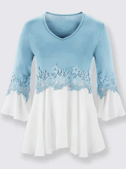 T-shirt bicolore souple ornée dentelle fleurie