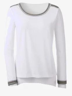 T-shirt brodé mélange coton-modal col rond manches longues