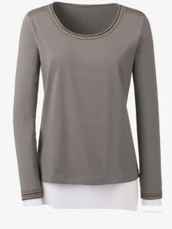 T-shirt brodé mélange coton-modal col rond manches longues