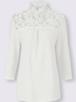 T-shirt col montant orné dentelle florale brodée