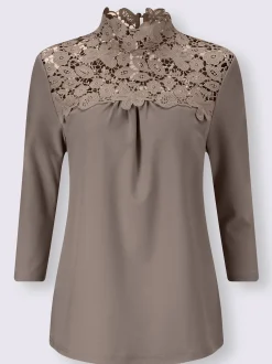 T-shirt col montant orné dentelle florale brodée