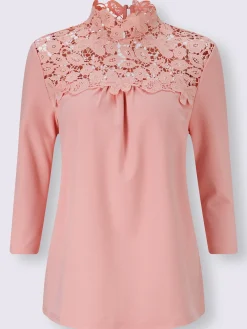 T-shirt col montant orné dentelle florale brodée