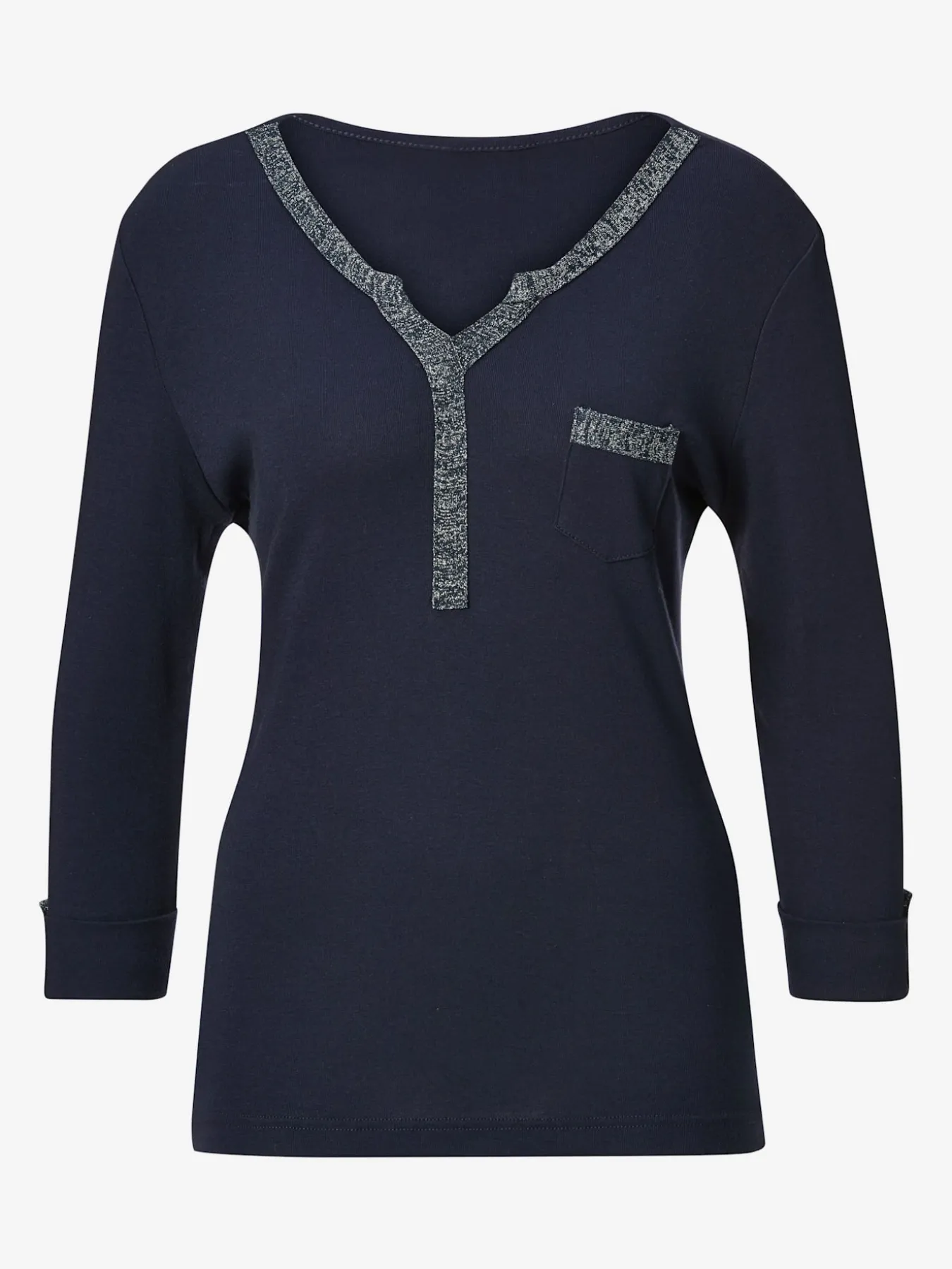 T-shirt col v imprimé manches 3/4 poche poitrine