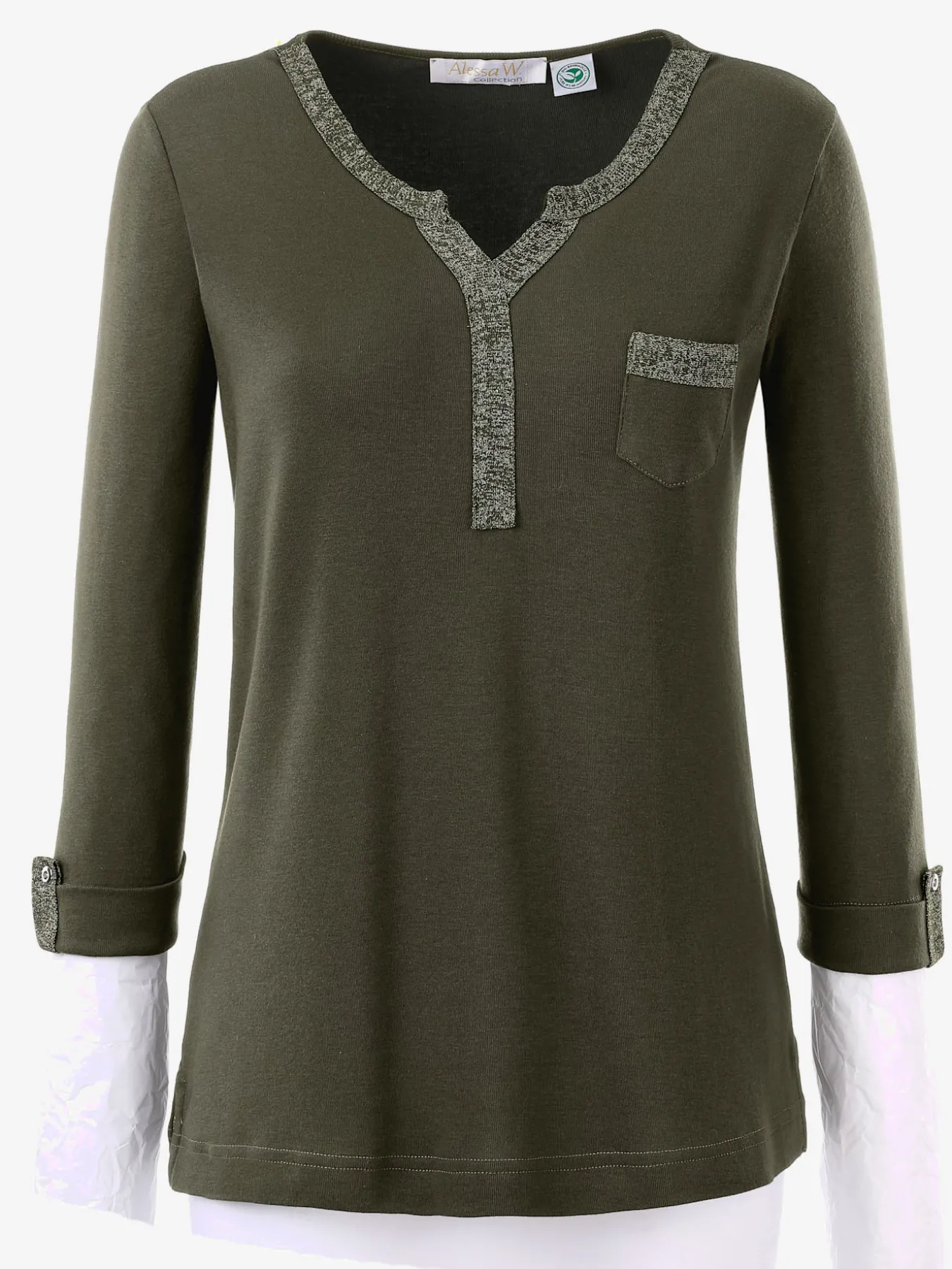 T-shirt col v imprimé manches 3/4 poche poitrine