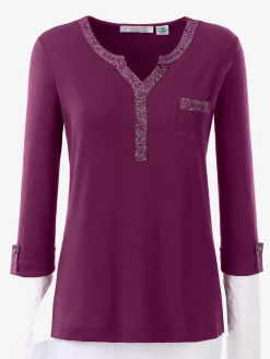 T-shirt col v imprimé manches 3/4 poche poitrine