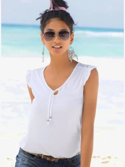 T-shirt de plage encolure avec fente et lien à nouer