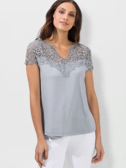 T-shirt empiècement en broderie anglaise manches courtes
