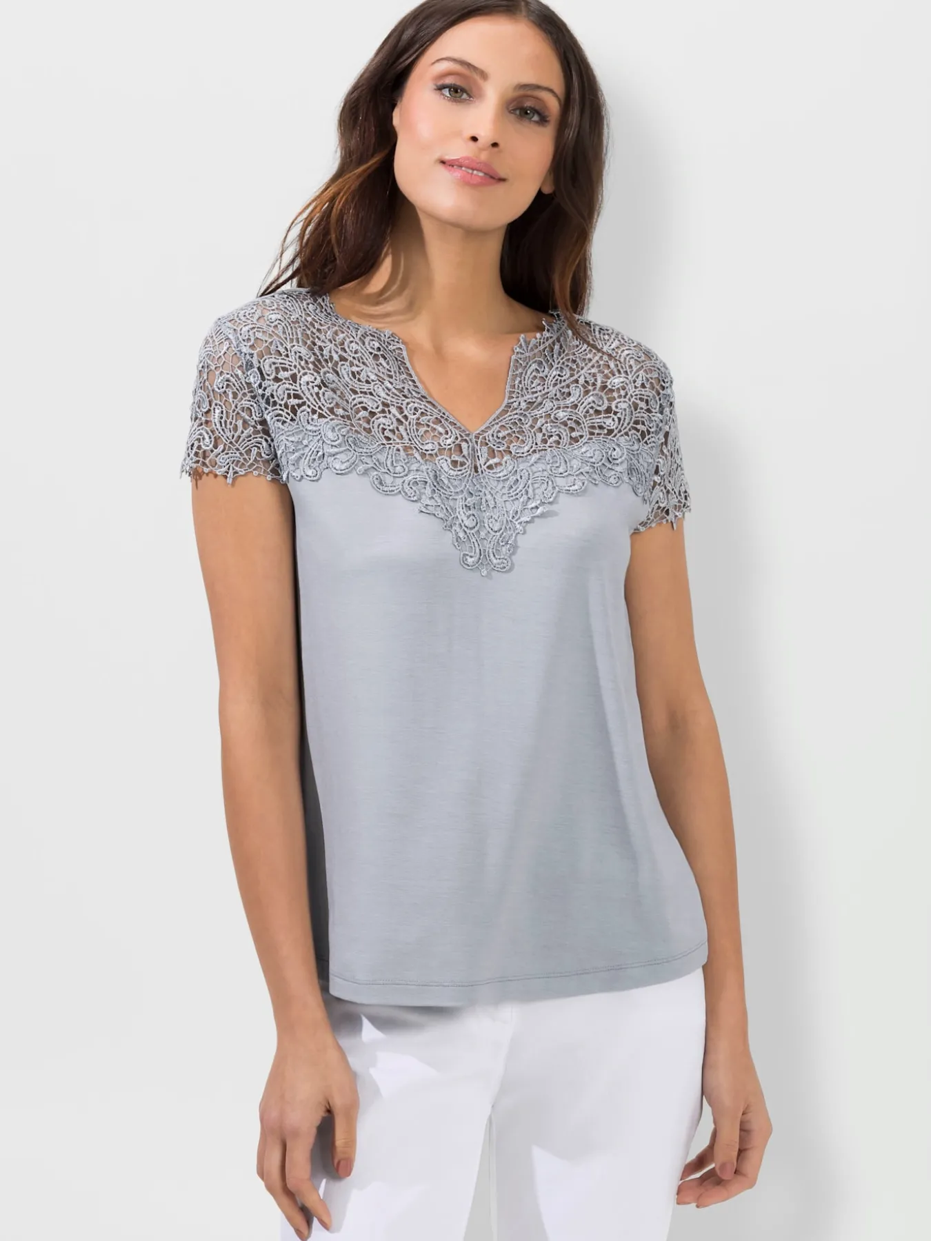 T-shirt empiècement en broderie anglaise manches courtes