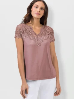 T-shirt empiècement en broderie anglaise manches courtes