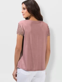 T-shirt empiècement en broderie anglaise manches courtes