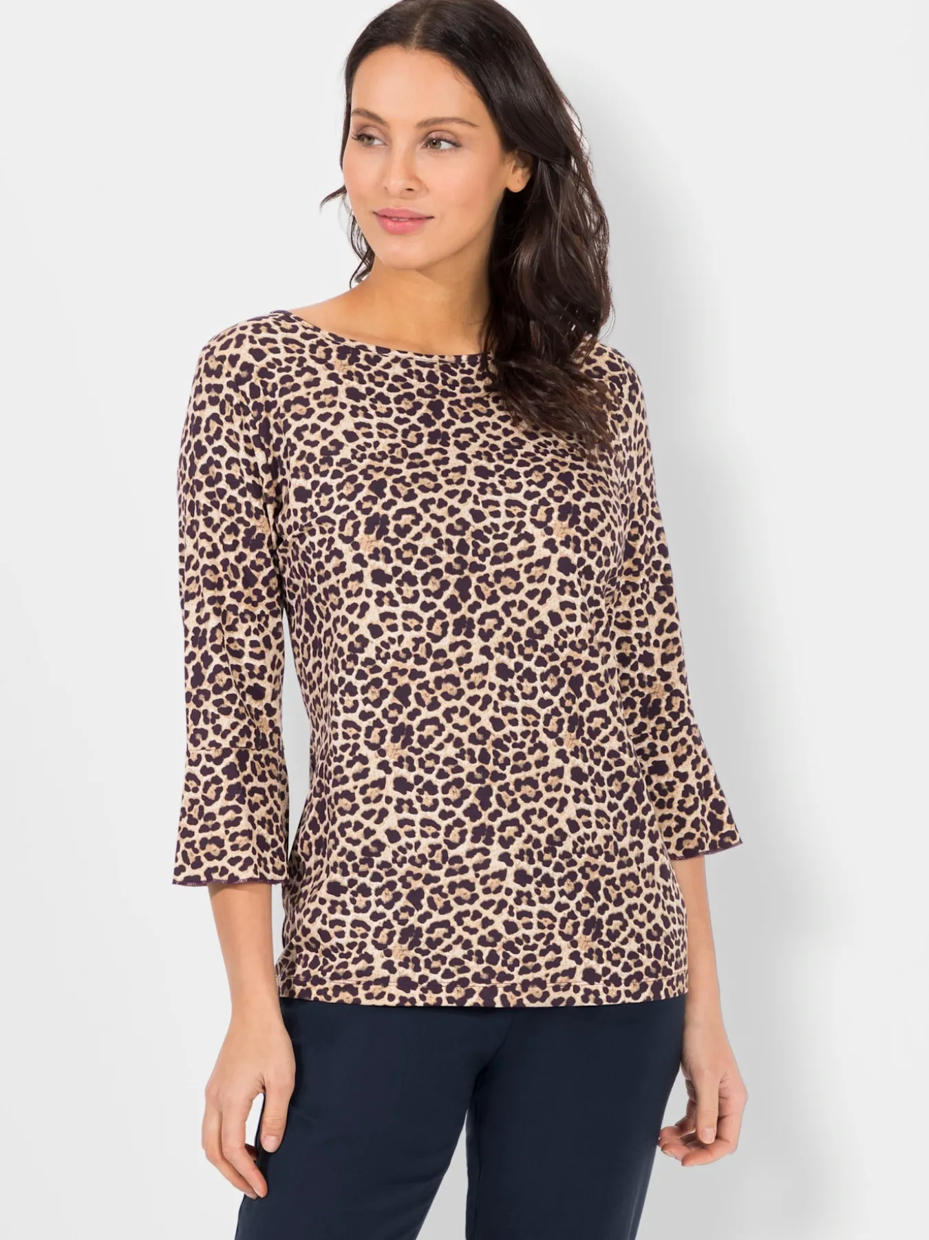 T-shirt femme imprimé félin col rond manches 3/4 volantées