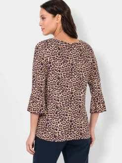 T-shirt femme imprimé félin col rond manches 3/4 volantées
