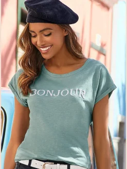 T-shirt imprimé «bonjour » tendance devant