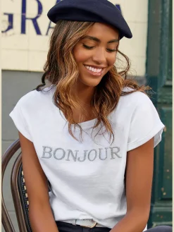 T-shirt imprimé «bonjour » tendance devant