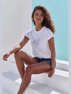 T-shirt imprimé brillant, doré et estival devant