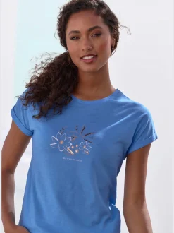 T-shirt imprimé brillant, doré et estival devant