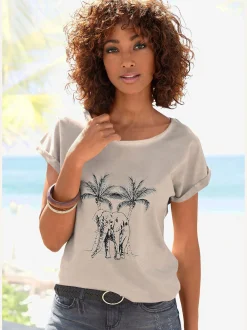 T-shirt imprimé devant avec éléphant et palmiers