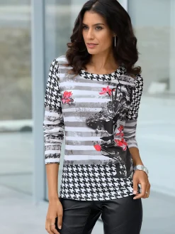 T-shirt imprimé empiècements pied-de-poule manches longues
