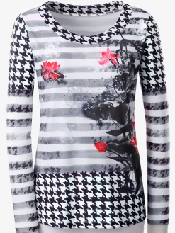 T-shirt imprimé empiècements pied-de-poule manches longues
