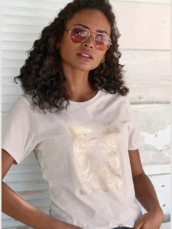T-shirt imprimé feuille brillant, doré et estival